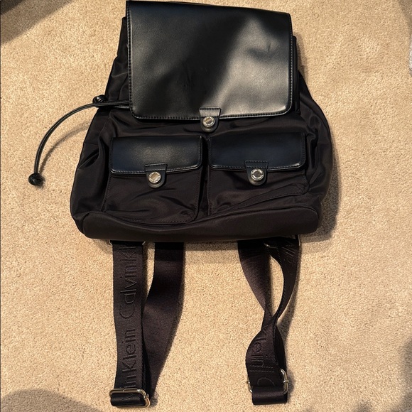 Calvin Klein Black Leather-Trimmed Men's Backpack - Picture 1 of 3
